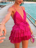 Unique Hot Pink Pleated V-Neck Homecoming Dress HZ1023