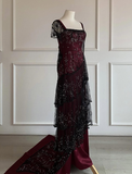 Retro Rose Sheath Straps Beaded Black Tulle Burgundy Satin Long Party Dress Date Dress HZ1023