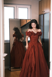 Romantic Burgundy A Line Off the Shoulder Pleated Satin Evening Dress Party Dress HZ1023