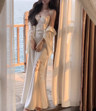 Simple Mermaid Spaghetti Strap Lace Satin Long Party Dress Evening Dress HZ1023