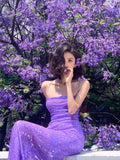 Stunning Sheath Spaghetti Strap Purple Sequin Long Party Dress Evening Dress HZ1023