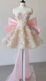 Pink A Line Sweetheart Neck Floral Sequin Tulle Homecoming Dress with Bow HZ1023
