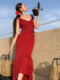 Sexy Burgundy Mermaid Spaghetti Strap Layered Chiffon Formal Gown Evening Dress HZ1023