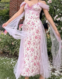 Pink Flowy Print Floral A Line Off the Shoulder Satin Tulle Party Dress Prom Dress HZ1023
