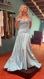Retro Style A Line Off the Shoulder Blue Satin Long Party Dress Prom Dress HZ1023