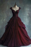 Burgundy A Line Straps Beaded Ruffle Tulle Prom Dress Evening Dress HZ1023