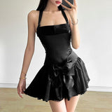 Pink A Line Halter Lace Satin Backless Mini Homecoming Dress with Bow HZ1023