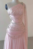 Elegant A Line One Shoulder Beaded Pink Chiffon Long Sweep Prom Dress Evening Dress HZ1023