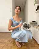 Gentle Sheath Straps Blue Satin Long Evening Dress Party Dresses HZ1023