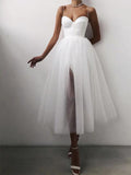 A-line White Tulle Spaghetti Straps Modest Prom Dresses HZ1023