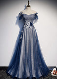 Navy Blue tulle long prom dress blue evening dress HZ1023