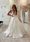 White v neck satin lace long prom dress evening dress HZ1023