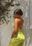 Cute Green Mermaid Spaghetti Strap Satin Prom Dress Open Back HZ1023