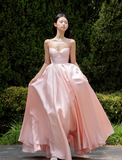 Pink Simple A Line Spaghetti Strap Satin Long Prom Dress 16th Birthday Dress HZ1023