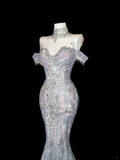White Elegant Mermaid Off the Shoulder Beaded Lace Long Prom Dress Party Dress HZ1023