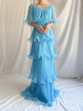 Blue Layered Chiffon A Line V Neck Simple Long Party Dress Evening Dress 18 Birthday Dress HZ1023