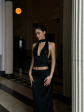Sexy Two Piece Sheath Halter Black Sequin Satin Prom Dress Evening Dress Formal Gown HZ1023