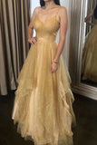 Gold Champagne Tulle Spaghetti Straps V Neck Open Back Long Prom Dress HZ1023