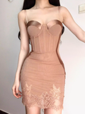Sexy Sheath Spaghetti Strap Brown Lace Tulle Short Homecoming Dress Cocktail Dress HZ1023