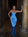 Sexy Sheath Sweetheart Neck Blue Satin Prom Dress Evening Dress HZ1023