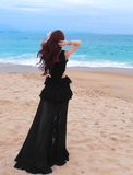 Black A Line V Neck Ruffle Chiffon Long Prom Dress Vacation Dress HZ1023