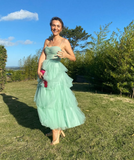 Charming A Line Spaghetti Strap Corset Tiered Mint Green Tulle Prom Dress Evening Dress HZ1023