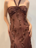 Vintage Sheath Halter Beaded Brown Chiffon Short Homecoming Dress Evening Dress HZ1023