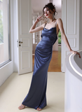 Simple Navy Blue Mermaid Spaghetti Strap Satin Open Back Long Evening Dress Gown Dress HZ1023
