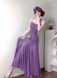 Purple Mermaid Spaghetti Strap Rhinestone Chiffon Prom Dress Vacation Dress Date Dress HZ1023