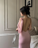 Simple Mermaid Spaghetti Strap Pink Satin Backless Party Dress Evening Dress HZ1023