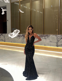Unique Mermaid Spaghetti Strap Black Sequin Open Back Long Sweep Prom Dress HZ1023