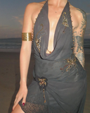 Sexy Black Sheath Halter Pleated Beaded Chiffon Vacation Dress Outfits HZ1023