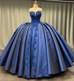 Pretty Ball Gown Sweetheart Neck Sequin Appliques Dark Blue Satin Sweet 16 Dress, Quinceanera Dress HZ1023