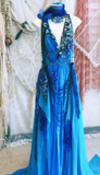 Blue Exquisite Beaded A Line V Neck Floral Chiffon Prom Dress 16th Birthday Dress HZ1023