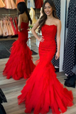 Ruffle Red Lace Prom Dresses Mermaid Tulle Long Formal Evening Dress HZ1023