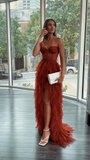 Elegant Rust Tiered Ruffles Tulle Prom Dress HZ1023