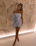 Strapless Silver Short Homecoming Dress With Side Ruffules Mini Party Dress HZ1023