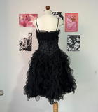 Cute A Line Spaghetti Strap Beaded Ruffle Black Tulle Short Homecoming Dress HZ1023