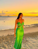 Charming Sheath Halter Green Satin Open Back Prom Dress Evening Dress HZ1023