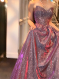 Shiny A Line Sweetheart Neck Purple Sequin Long Sweep Party Dress Evening Dress HZ1023