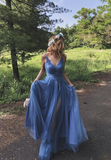 Blue Tulle V Neck Applique Prom Dress Slit Evening Dress HZ1023