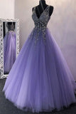 A-Line V-Neck Sweep Train Beaded Prom Dress HZ1023