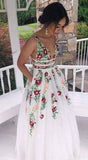 Charming V neck A Line Prom Dress with Embroidery, Open Back Evening Dress HZ1023