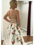 Charming V neck A Line Prom Dress with Embroidery, Open Back Evening Dress HZ1023