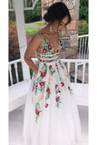 Charming V neck A Line Prom Dress with Embroidery, Open Back Evening Dress HZ1023