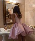 Simple A Line Spaghetti Strap Pink Satin Short Homecoming Dress Cocktail Dress HZ1023