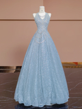 Dreamy Baby Blue A Line Halter Sequin Beaded Tulle Long Prom Dress Party Dress HZ1023