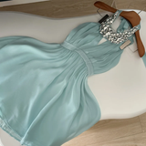 Gentle A Line Halter Rhinestone Blue Chiffon Open Back Homecoming Dress Cocktail Dress HZ1023