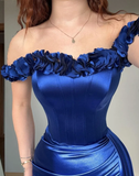Royal Blue Mermaid Straps Corset Pleated Satin Long Prom Dress Evening Dress HZ1023