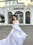 Princess White A Line Long Sleeve Chiffon Satin Long Sweep Party Dress Evening Dress HZ1023